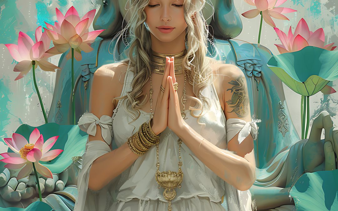 ORIGpainting woman meditating lotus position with statue background